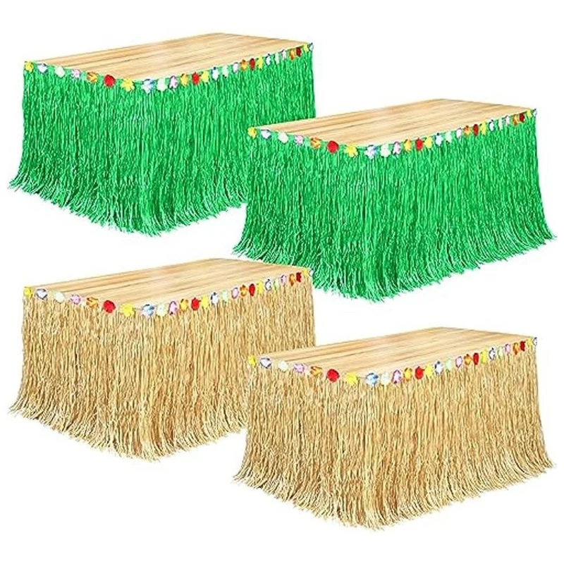 4Pack Luau Grass Table Skirt 9 Feet X 29.5 Inch Hawaiian Table Skirt Plastic For Tropical Hawaiian Luau Party Decorations