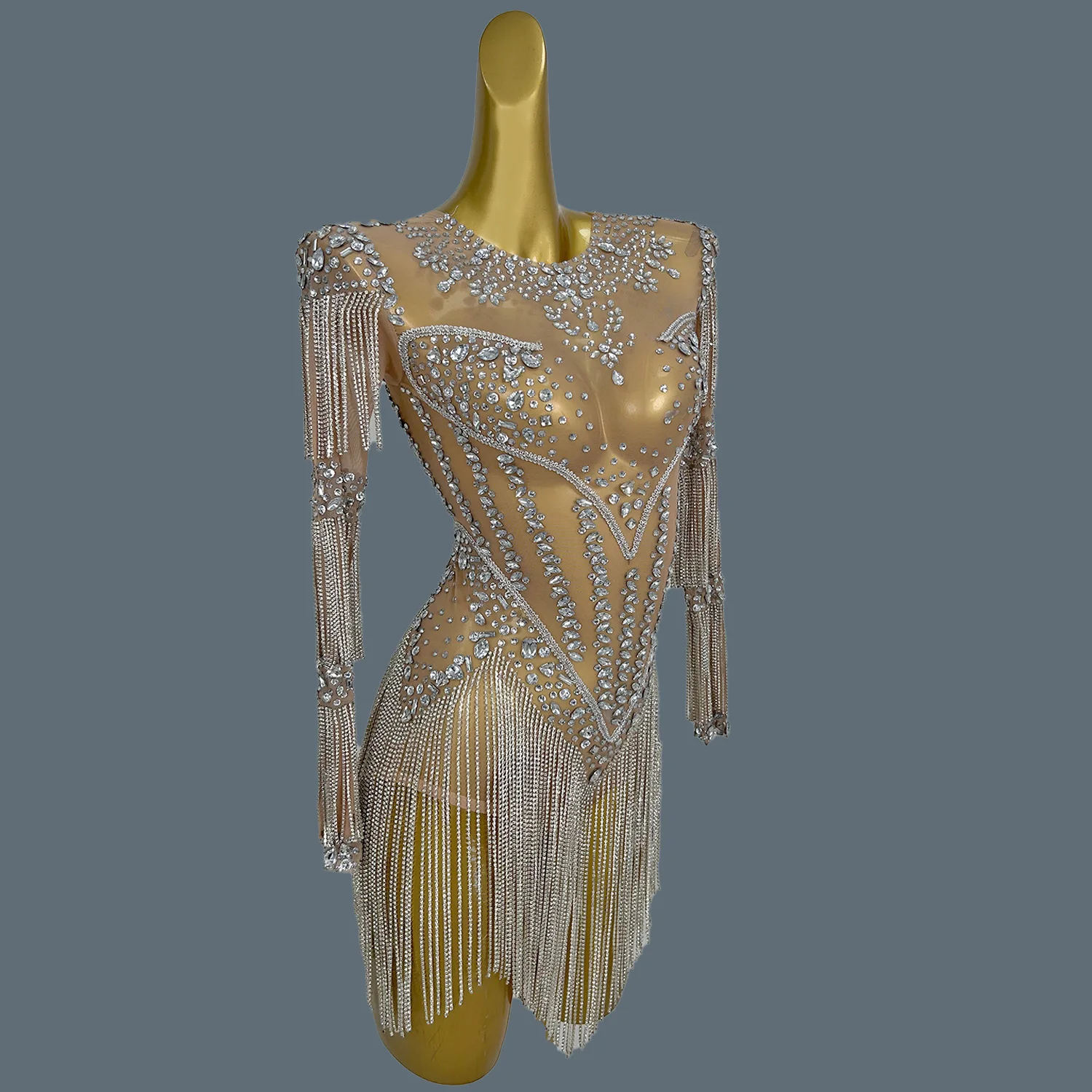 Sparkly Luxury Rhinestone Chains Tassel See Through Mesh Bodysuit Sexy Women gig Outfit Party Dance Performance Bodysuit Yixing