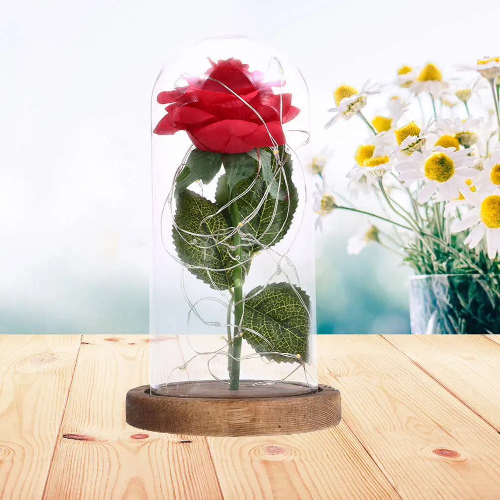 

Светодиодная гирлянда с красными шелковыми розами в прозрачном стеклянном куполе на деревянной подставке для украшения дома, свадьбы, вечеринки, романтический ночник