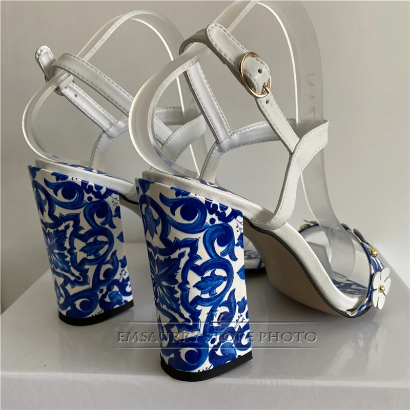 Rivet Flower Embellished Modern Sandals Women Blue And White Porcelain Print Chunky Heel Ankle Strap Summer Shoes