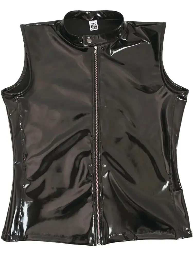 S-3XL Wet Look PVC Sleeveless Zipper Shirt Shiny PU Leather Tank Top Vest Tights Waistcoat Weskit Stand Collar Tanktop Shapers