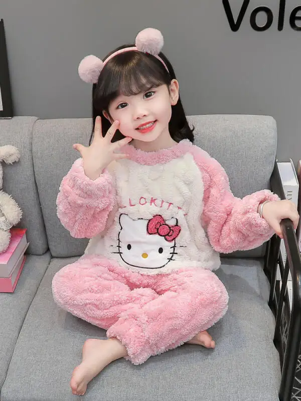مرحبا كيتي الفتيات منامة سانريو المرجان المخملية الخريف الشتاء 2025 Kuromi جديد الأطفال الشتاء دعوى الكرتون طفلة المنزل الملبس