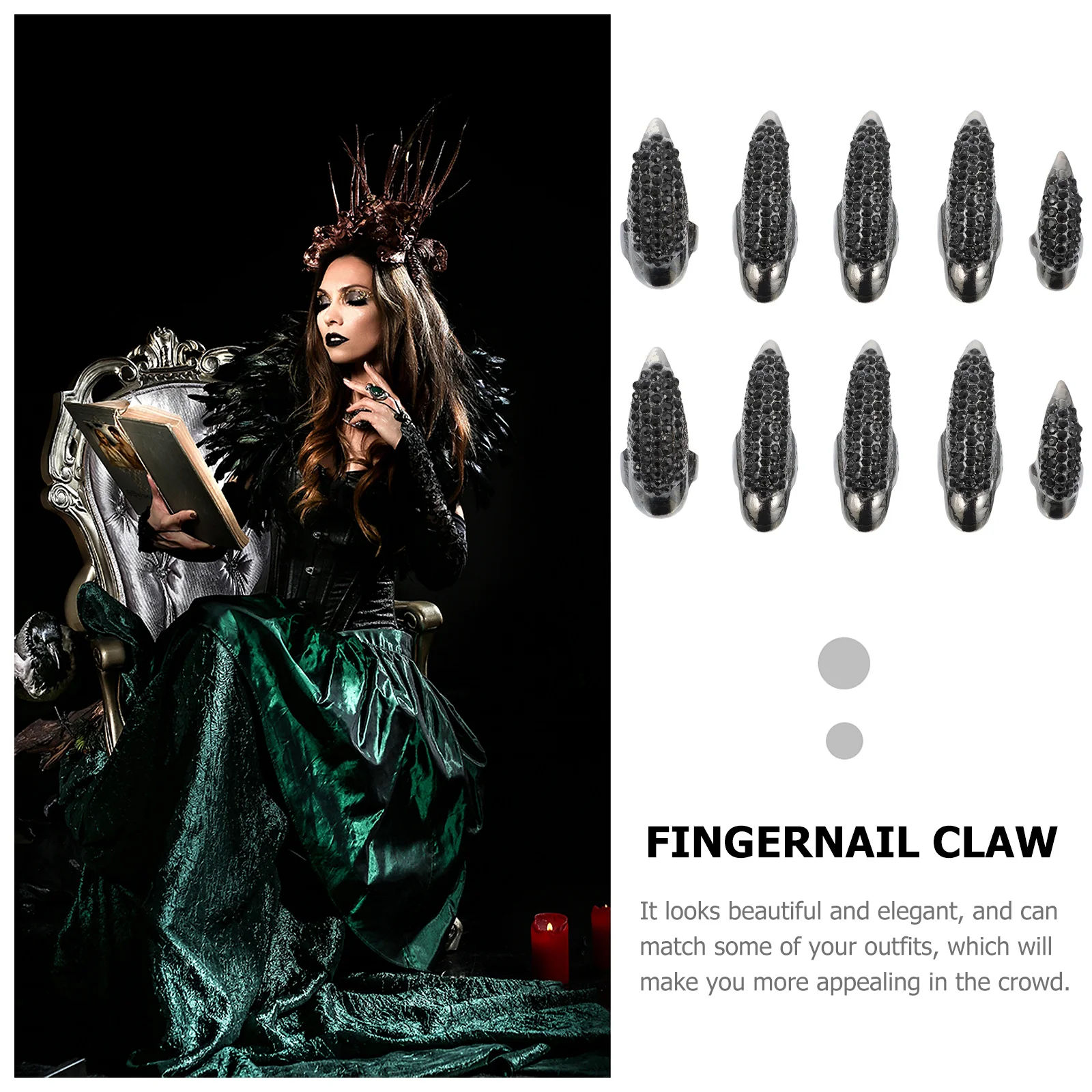 

10pcs Cat Claw Long Nail Cover Rhinestone Embedded Gothic Punk Halloween Fingernail Claw Nail Ring Zinc Alloy Durable