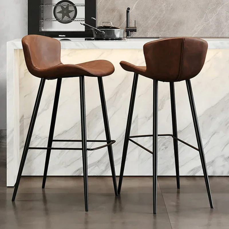 Light Luxury Leather Bar Chairs,Comfortable High Chair, Modern Iron Backrest, Simple Bar Stools, Stylish Bar Seating  High Stool