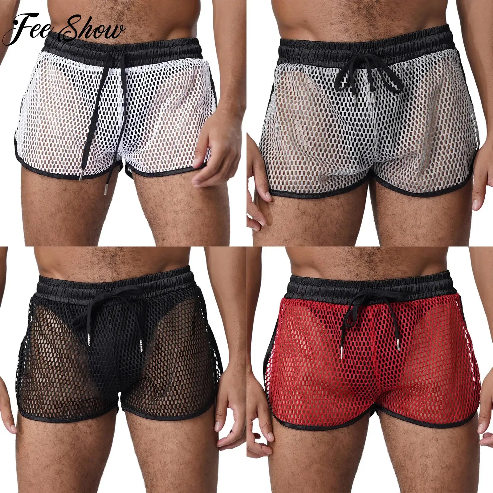 

Men Sexy Hollow Out Mesh Shorts Gym Yoga Workout Beachwear Drawstring Contract Trim Sides Split Athletic Shorts with Back Pocket