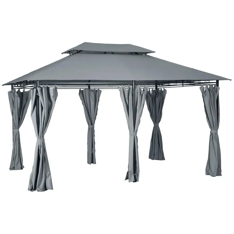 

4m x 3(m)Garden Gazebo, Double Roof Outdoor Gazebo Canopy Shelter with Curtains, Solid Steel Frame for Lawn and Deck, Grey