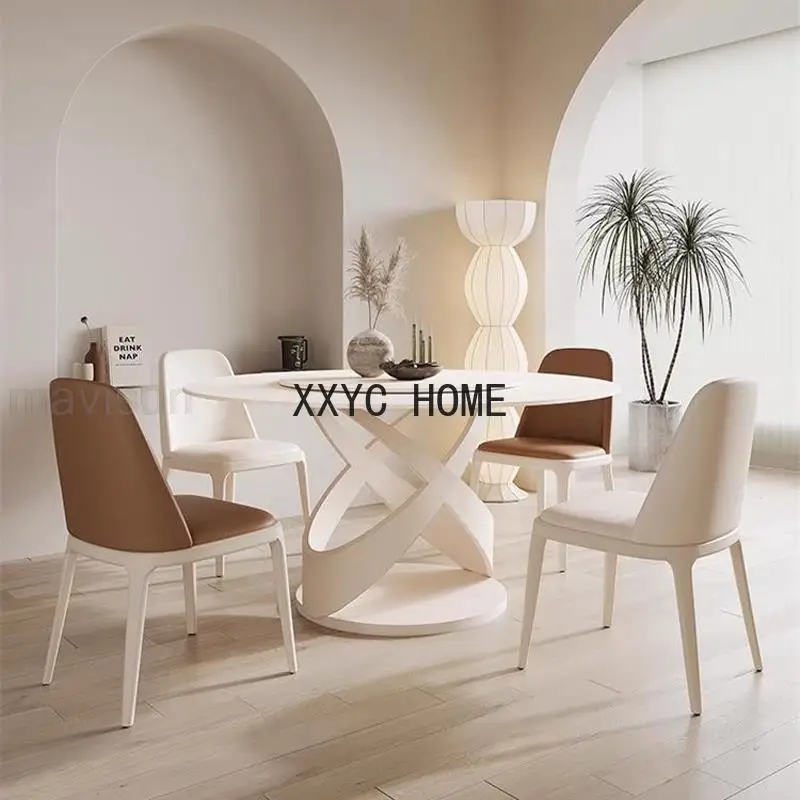 

Round Cream Style Table For Kitchen Overall White Household Rock Slab Desktop Dining Table With 360°Rotating Turntable Furniture