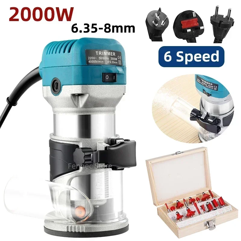 800W/2000W Electric Trimmer Router Woodworking  Laminate Engraving Slotting Trimmer with 15 Router Bits for Woodworking