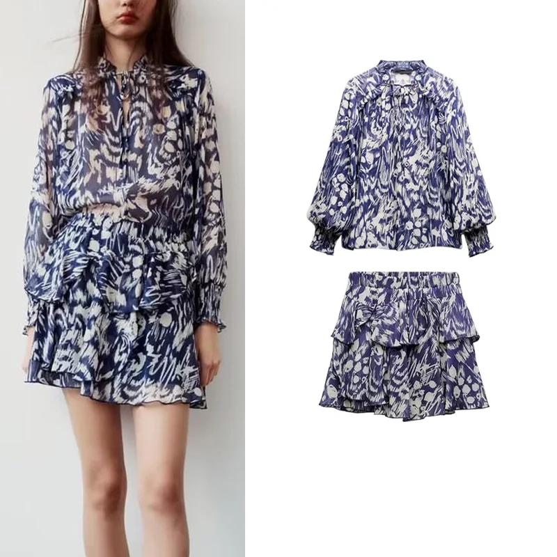 

Faionable High Waist Printed irt And Skirt Set Spring Summer New Sle Layered Decoration Slimming Effect Polyester ...