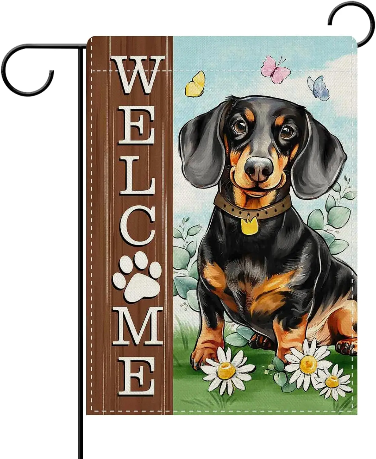 Dyrenson Welcome Dachshund Dog Decorative Garden Flag, Paw Prints Yard Outside Home Decoration Pet Owner Lover Gift, Spring  KKW