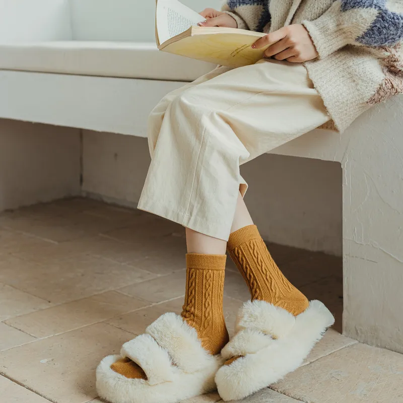 8 Pairs Women's Japanese Style Knit Cashmere Mid-Calf Socks Set Casual Warm Winter Socks Woman Grip Socks High Quality Hosiery