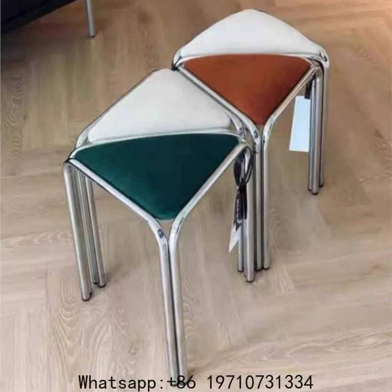 Bauhaus Antique Vanity Stool - Stainless Steel Triangular Frame Fabric Upholstered Stackable Designer Dining Stool