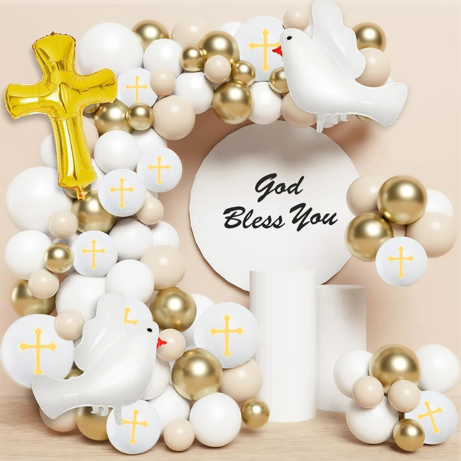 First Holy Communion Balloon Arch Kit White Pink Blue Balloons for God Bless Christening Baptism Birthday Party Decor Supplies