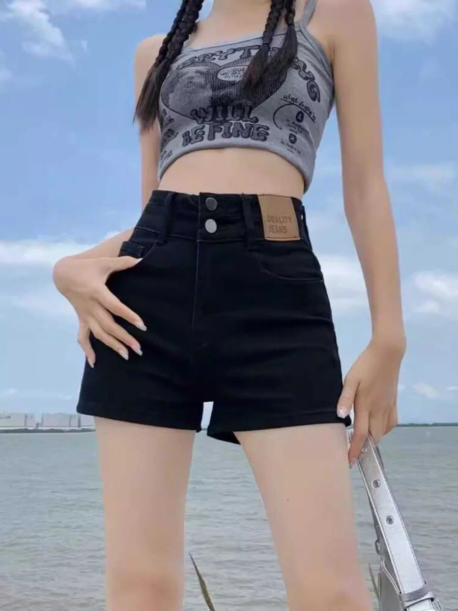 

High Waist Denim Shorts Women's Summer Thin Large Size Slim A-Line Springy Retro Wide Leg Hot Pants Cotton Stretch Denim