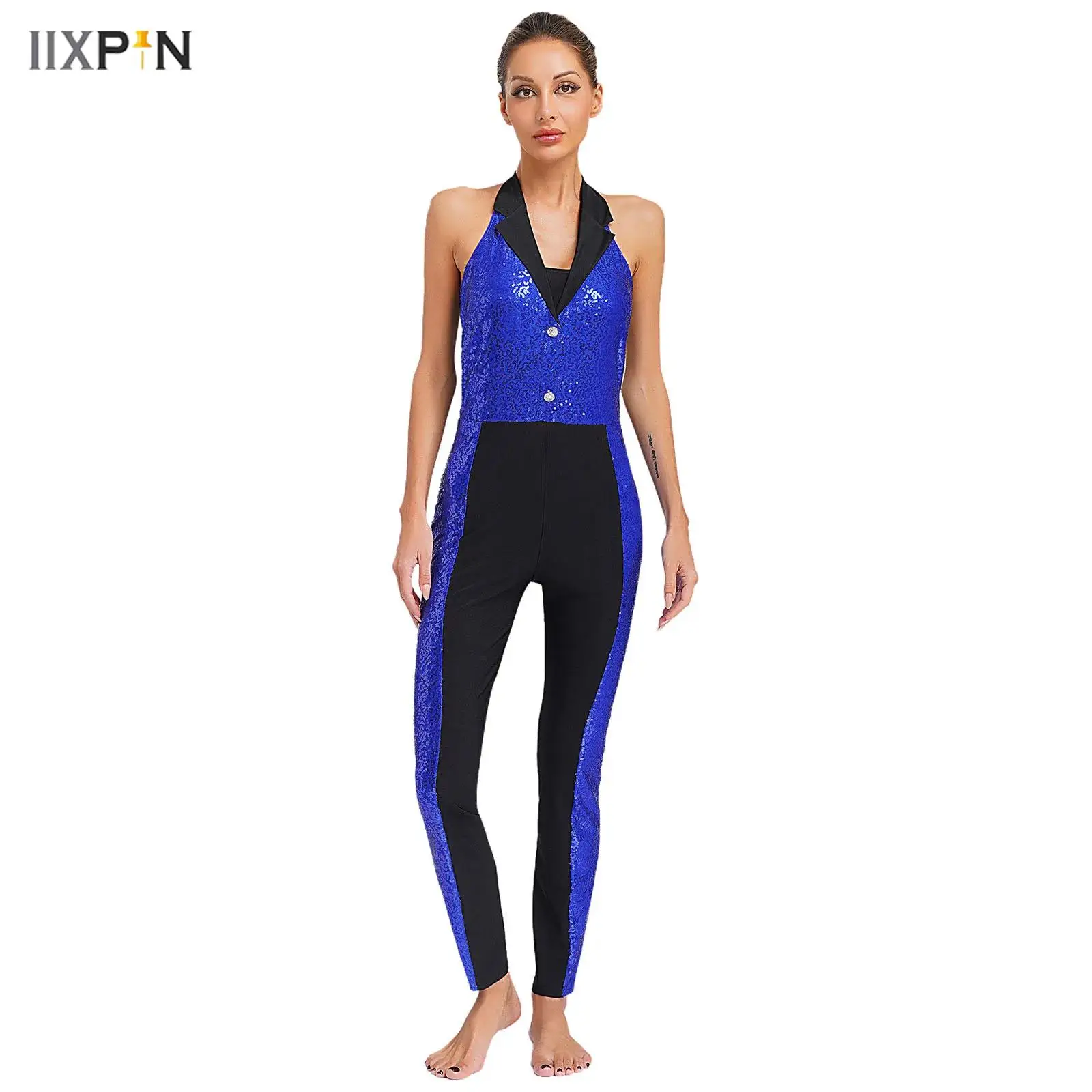 

Women Shiny Sequins Latin Jazz Dance Jumpsuit Halter Sleeveless Backless Color Block Full Body Leotard 80s Disco Dance Costume