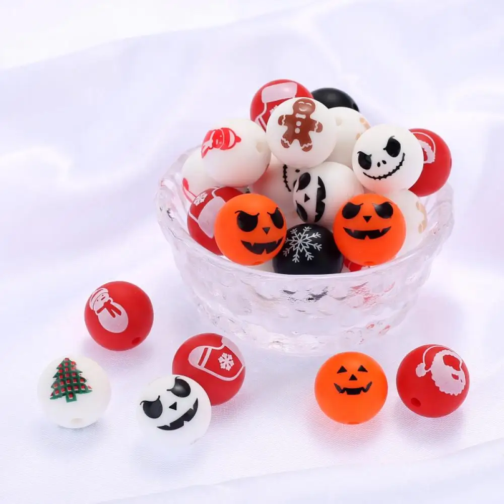 15mm Round Print Pattern Silicone Beads 10Pcs Christmas Day Halloween Teether Chew Beads For DIY Necklace Pacifier Chain