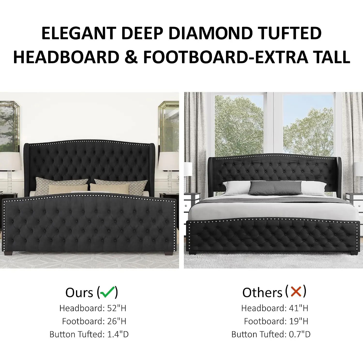 Velvet Wingback Upholstered Queen Bed Frame Platform with Wood Slats Support, Customized image 6