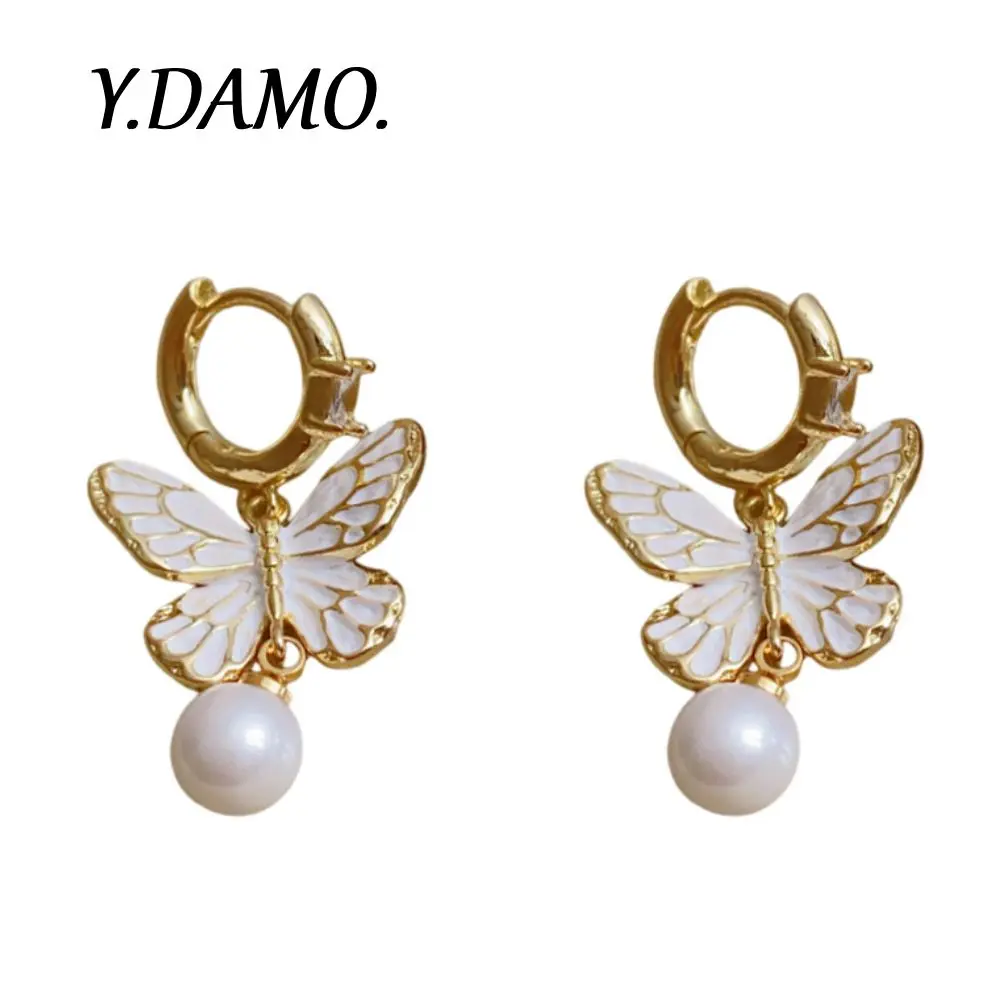 

Damo French Earrings Gold Color White Butterfly Imitation Pearl Earrings Waterproof Women Jewelry Romentic Design Luxury Earring