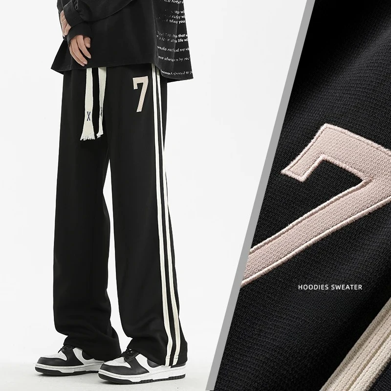 

Autumn New Wide Leg Pants for Men Women American Hip Hop Number 7 Print Side Striped Sweatpants Trend Straight Leg Casual Pants