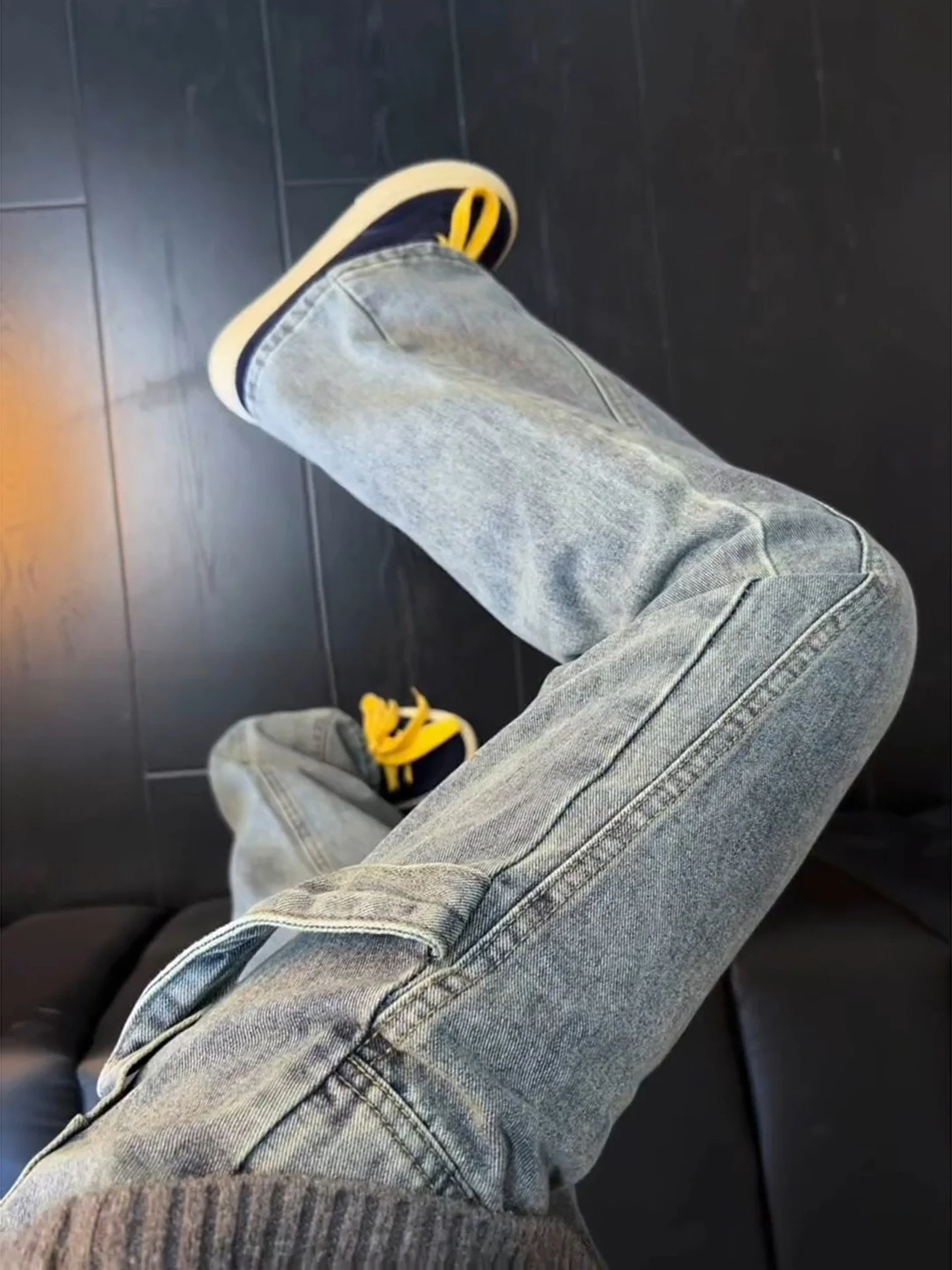 

American Sle Loose Fit Blue Slanted Cut Cowboy Pants for Men Winter Wear High Waist Zipper Closure Straight Leg Jeans