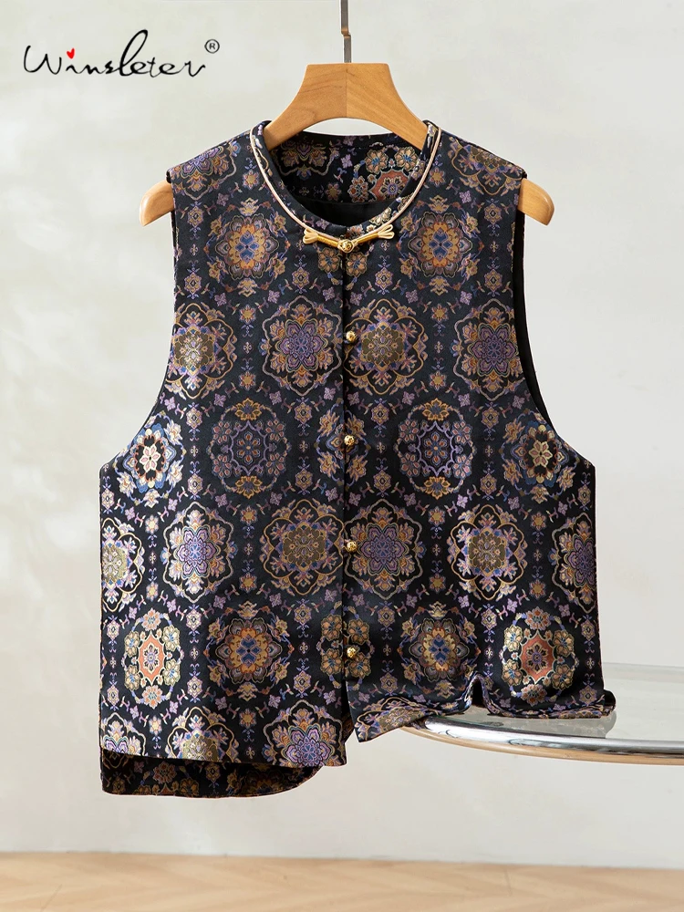 

Winsleter-100%Real Silk Song Brocade Elegant Vest Coat, O Neck Geometry, Women New Chinese Style Waistcoat, 2025 Fall C5O099CC