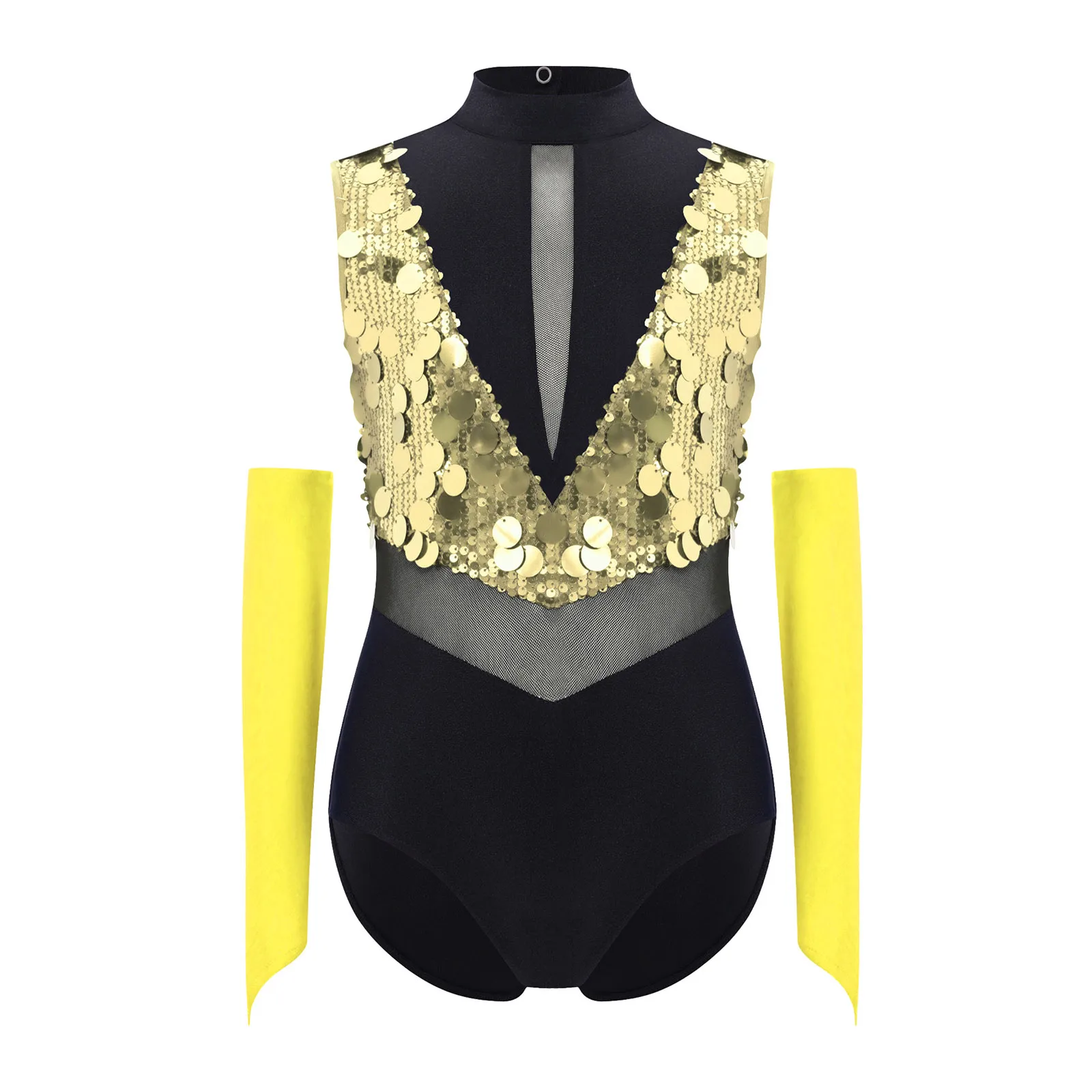 

Kids Girls Jazz Latin Dance Leotards Gymnastics Performance Outfit Sleeveless Shiny Sequins Color Block Cutout Bodysuit+Gloves
