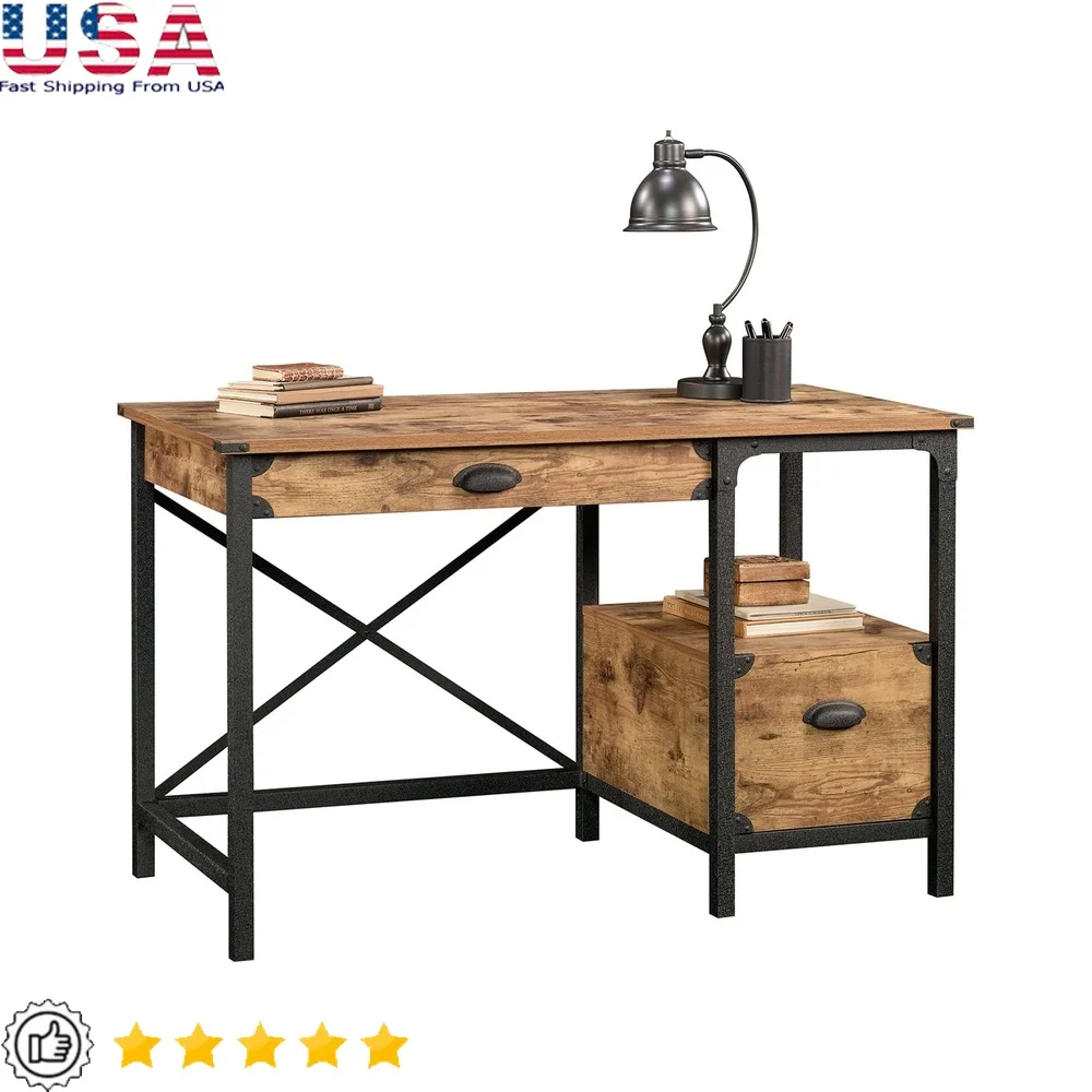 

Компьютерный стол в деревенском стиле с отделкой из состаренной сосны, две ящики, открытая полка, текстурированный металлический каркас, мебель для домашнего офиса