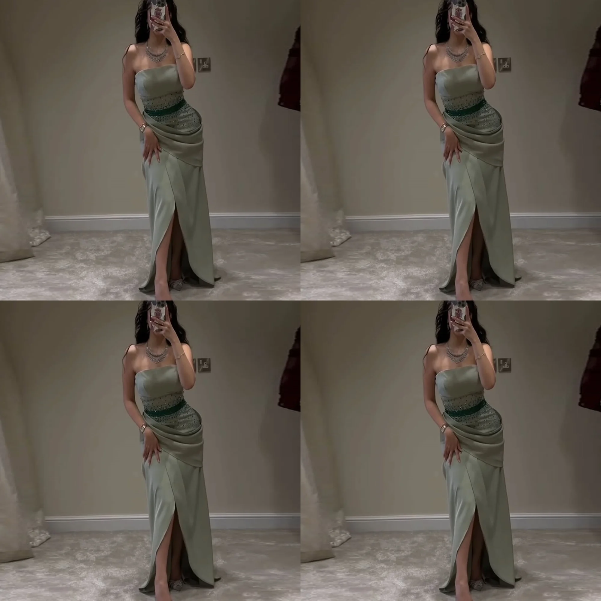 

Customized Elegant Boat Collar Satin Pleated Evening Dress Sexy Mermaid Backless Front Split Beading Party Gown with Sweep Court