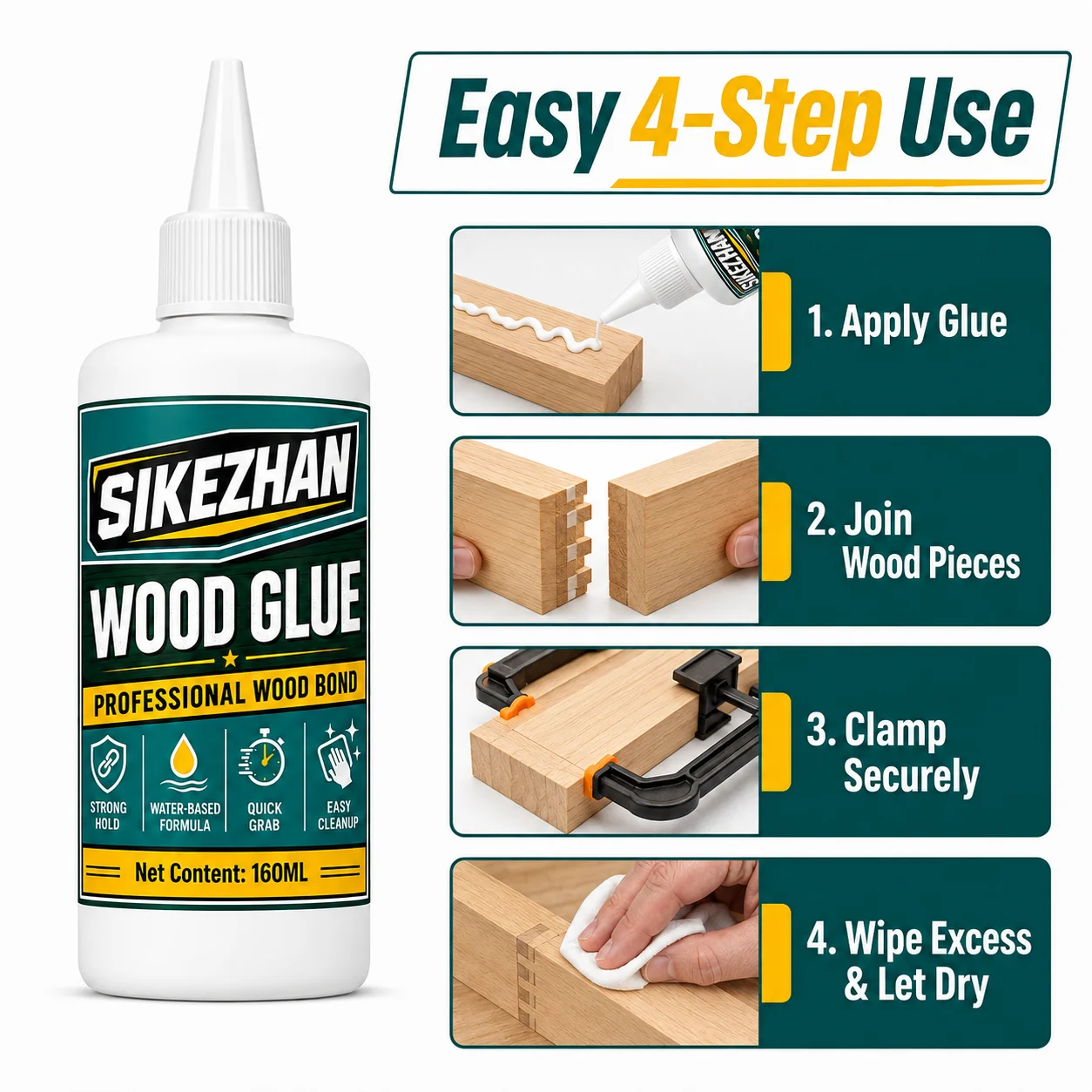 160ml Professional Wood Glue, Fast-Grip Water-Based Adhesive for Woodworking, Furniture Assembly, DIY Crafts and Home Repairs - view 4
