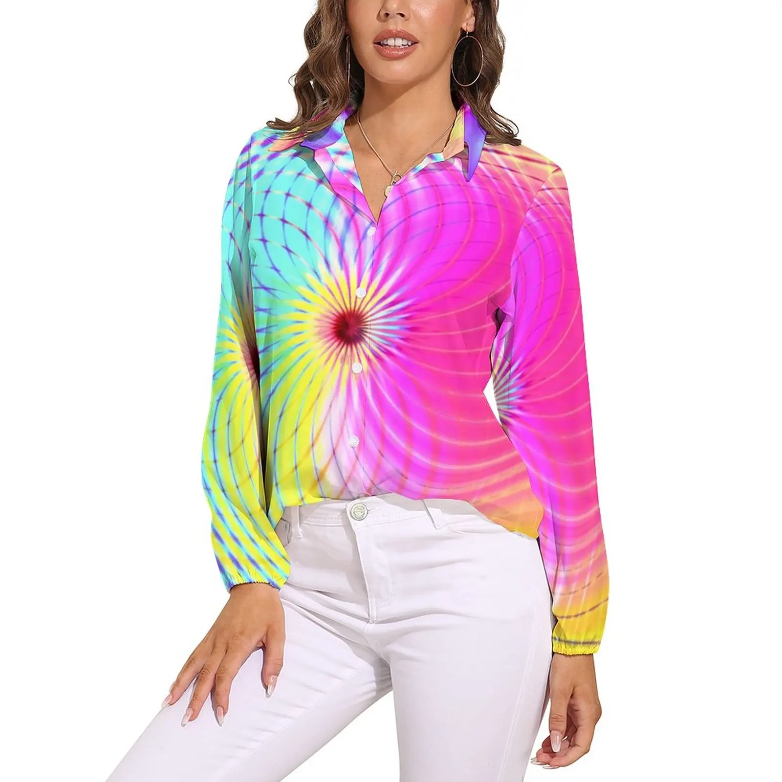 

Trippy Hippie Loose Blouse Light Green and Pink Casual Oversized Blouses Woman Long-Sleeve Aesthetic Shirt Summer Graphic Top