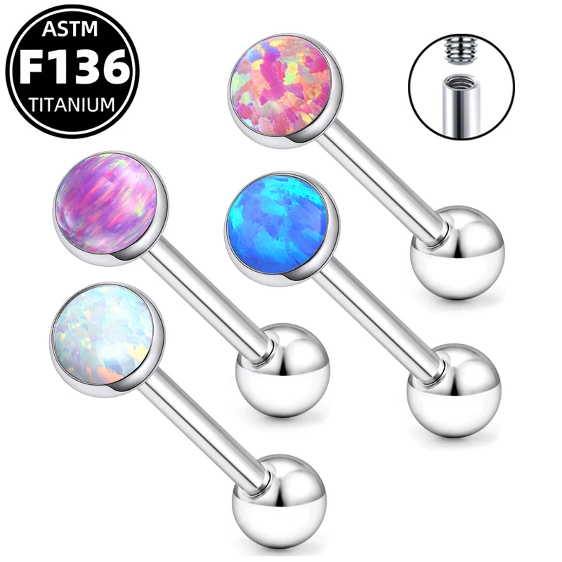 ASTM F136 Titanium Tongue Rings Piercing Jewelry, 16G Internal Thread Straight Barbell with Opal Piercing Jewlery for Women Men