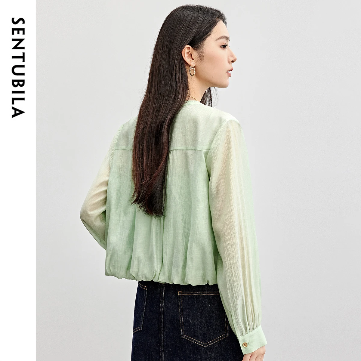 SENTUBILA Women Lyocell Green Shirt 2025 Spring Casual Cozy Straight Crewneck Long Sleeve Button Up Shirts & Blouses 151W57977