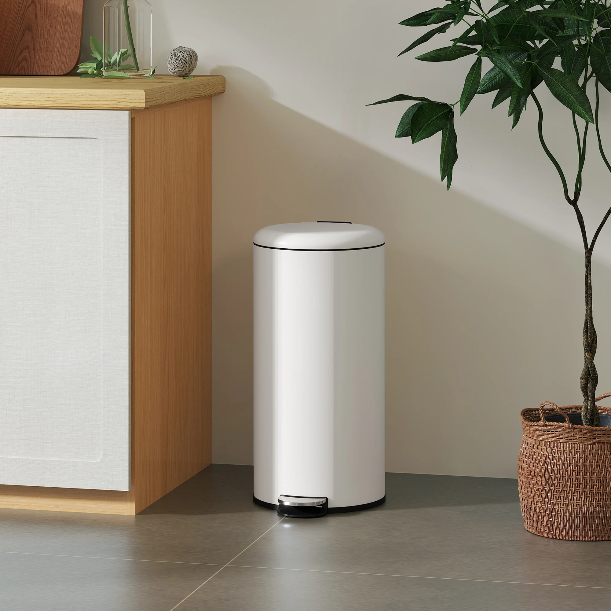 Papelera de Cocina de 30L con Pedal, Tapa de Cierre Suave y Cubo Extraíble para Dormitorio, Oficina, Estudio, Salón, Color Crema