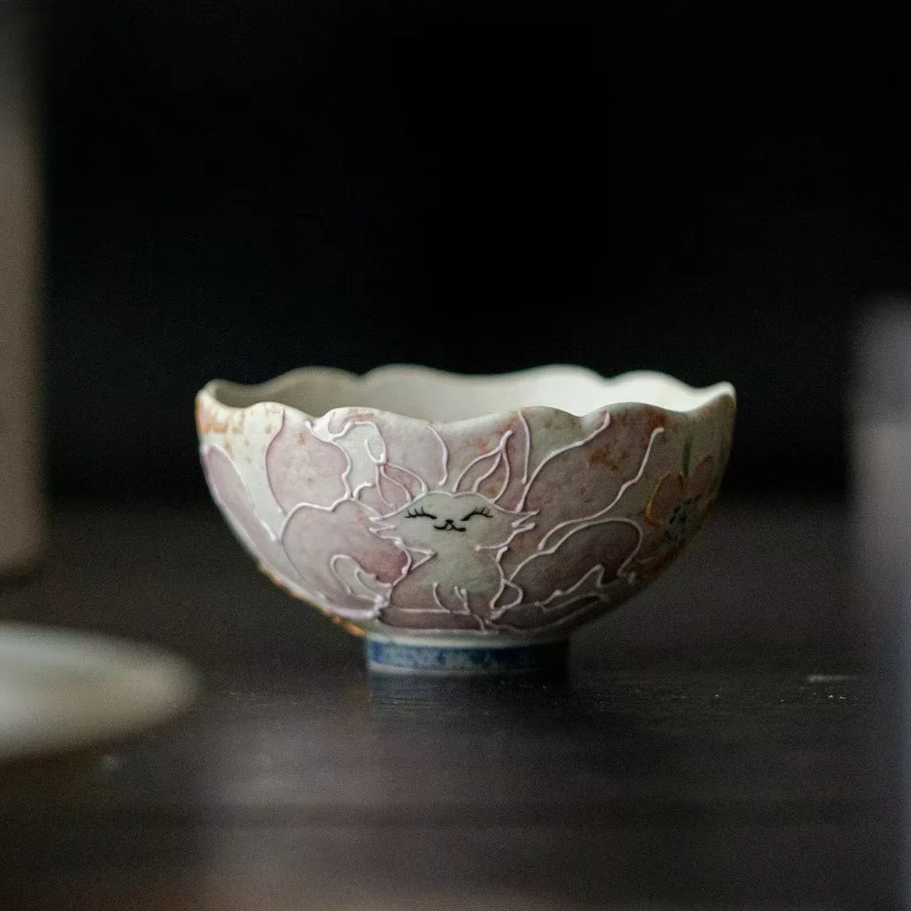 2Pcs 80ML Flint Red Hand-painted Nine-tailed Fox Ceramic Master Cup Kung Fu TeaSet Flower Mouth TeaCup Antique TeaCup Coffee Cup