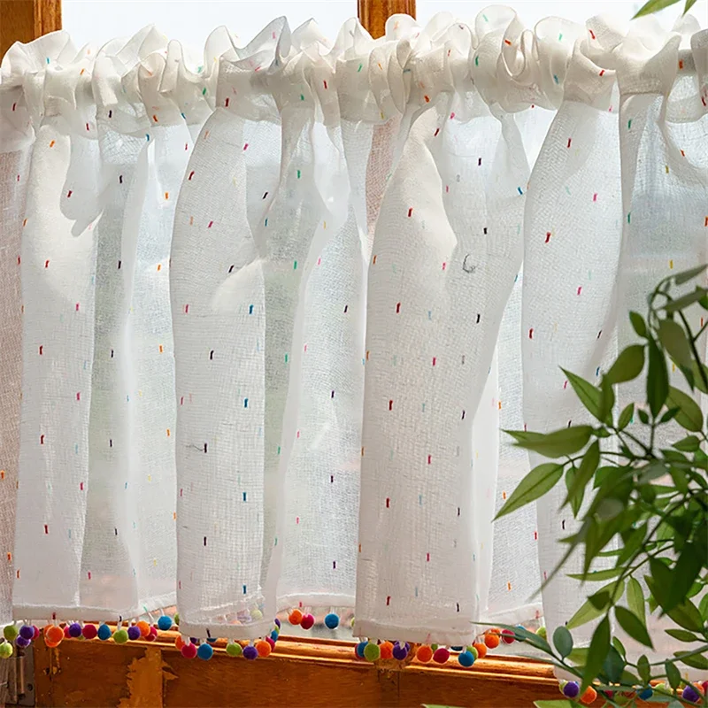 Vintage Rainbow Sugar Bean Linen Tulle Short Curtains Top Rod Pocket Loop Suspension Living Room Decor Colored Tassels Drapes