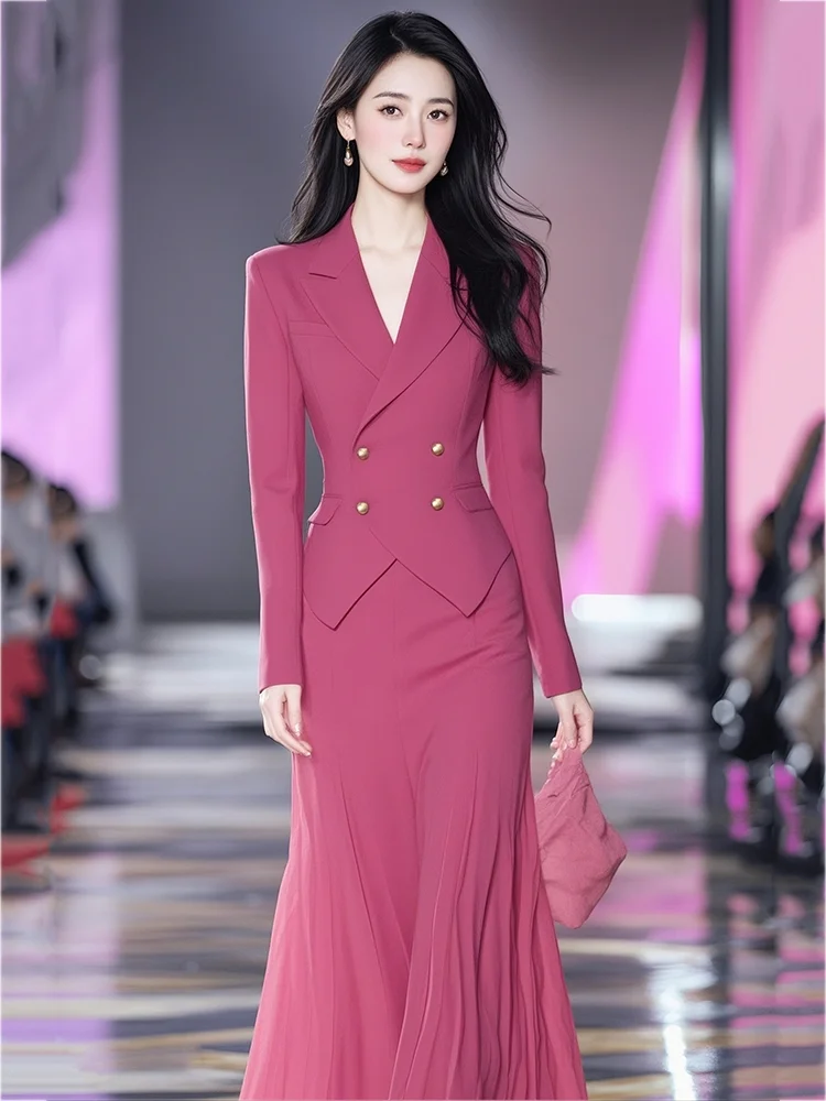 Traje de mujer a la moda primavera y otoño estilo coreano temperamento rosa traje rojo media falda elegante conjunto de dos piezas para mujer