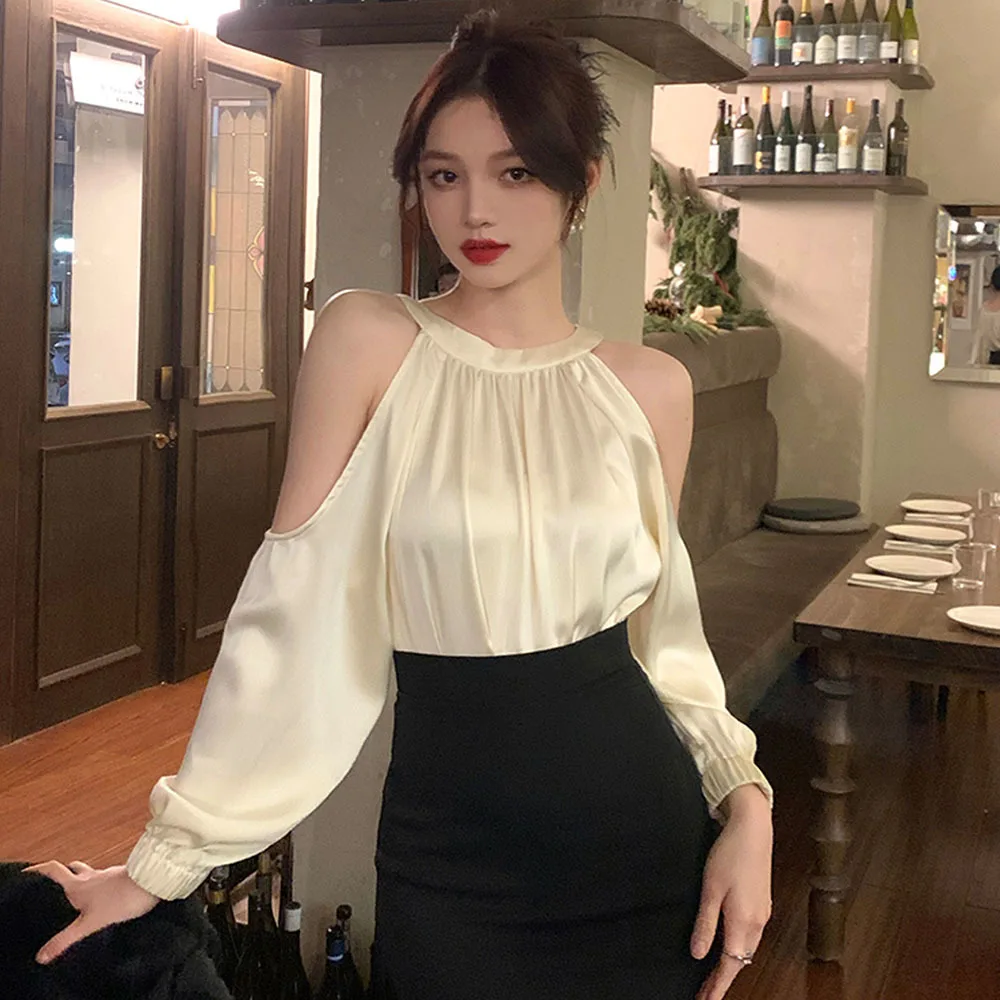 Elegant Blouses Women Sexy Off Shoulder Satin Bandage Stand Collar Long Sleeve Hollow Out Loose Shirts Female Casual Office Tops