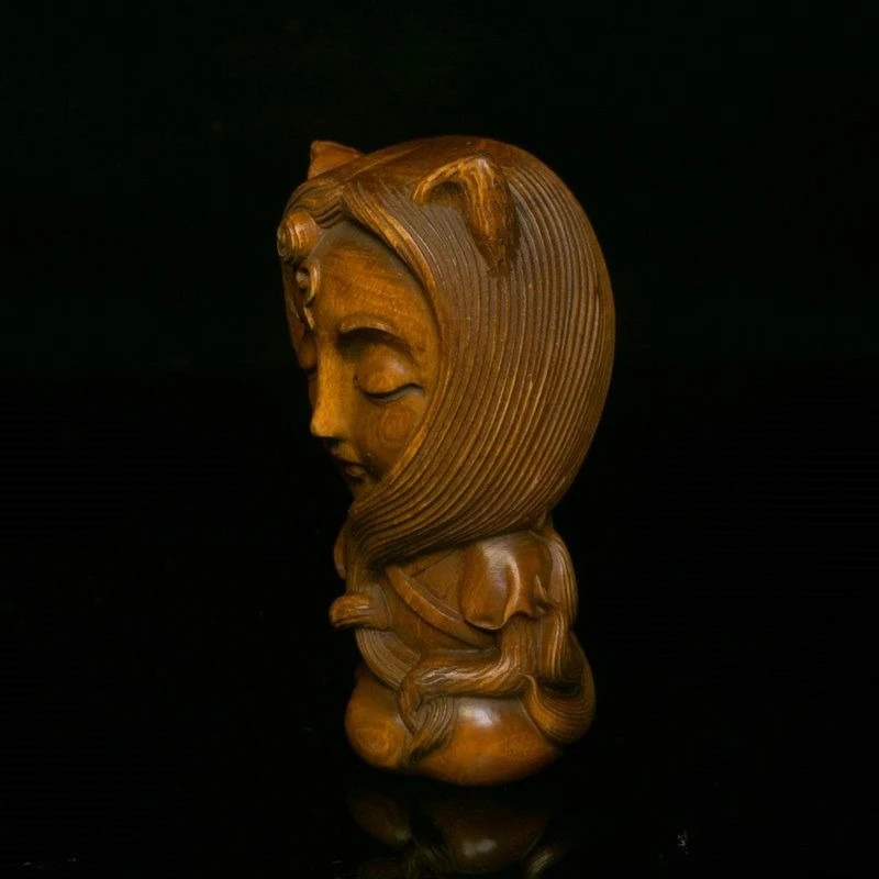Hand Carved Wood closing eyes Beautiful woman goddess Statue Figurine Desktop Ornaments Home Decoration Crafts Tea Pet Decor