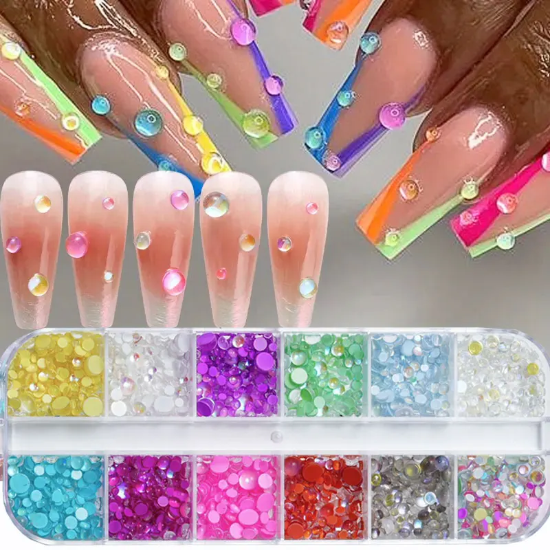12Grid Sparkly Mermaid Round Beads Nail Rhinestone Mixed Size Acrylic Macaron Bubble FlatBack Pink/Blue/Yellow Nail Mermaid Bead