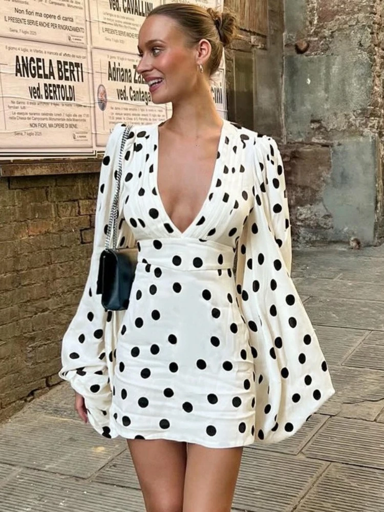 FDYOUI Women's Chic Deep V-neck Long Sleeve Polka Dot Short Dress Lady High Waist Tunics White Party Vacation Dresses Streetwear