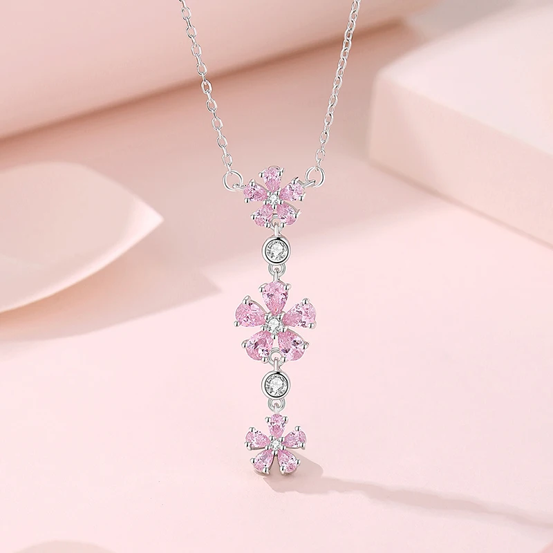 S925 Silver Tassel Plum Blossom Necklace For Women Pink Zircons Original Design Premium Peachy Flowers 45cm Comfortable Choker