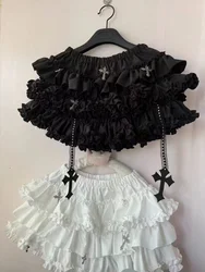 Y2k Gothic Elastic Waist Cross Short Skirt Women Sweet Hot Girl Chic High Waist Ruffle Skirts Female Design Retro Cake Skirt New