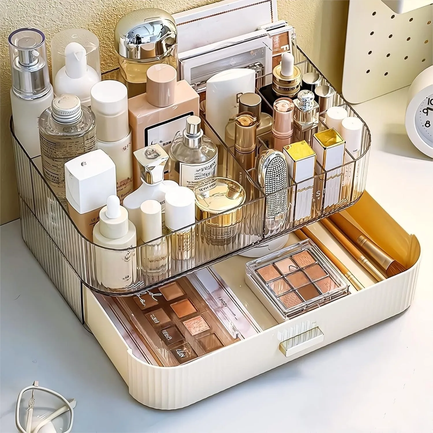 

Stackable Makeup Organizer with Drawer, Clear Cosmetic Storage for Vanity, Perfume and Skincare, Cream White