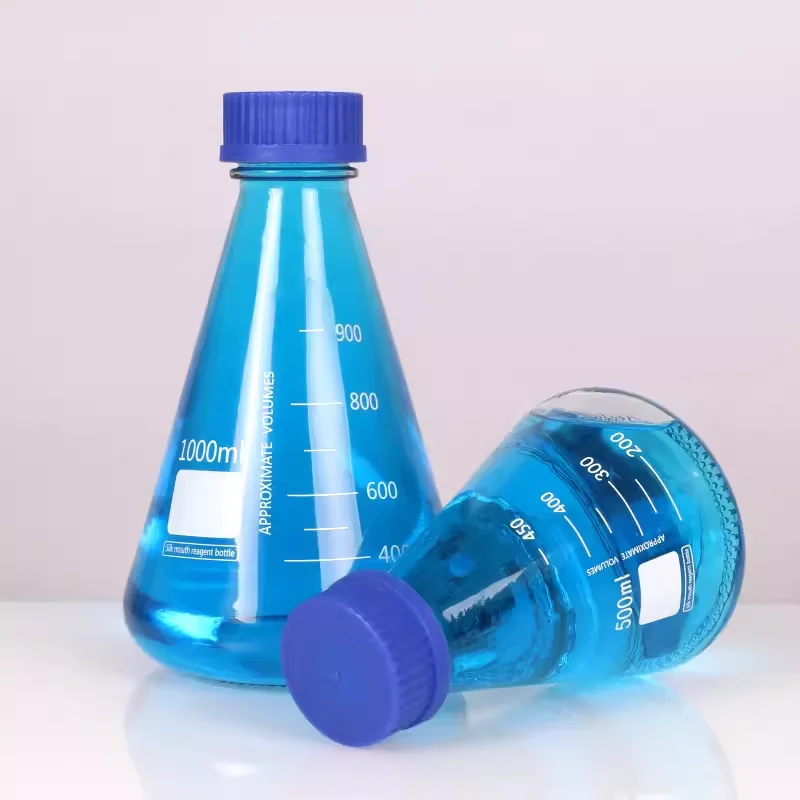 Conical blue cap reagent bottle 250/500/1000ml conical screw-top reagent bottle screw-top triangular flask glass bottle