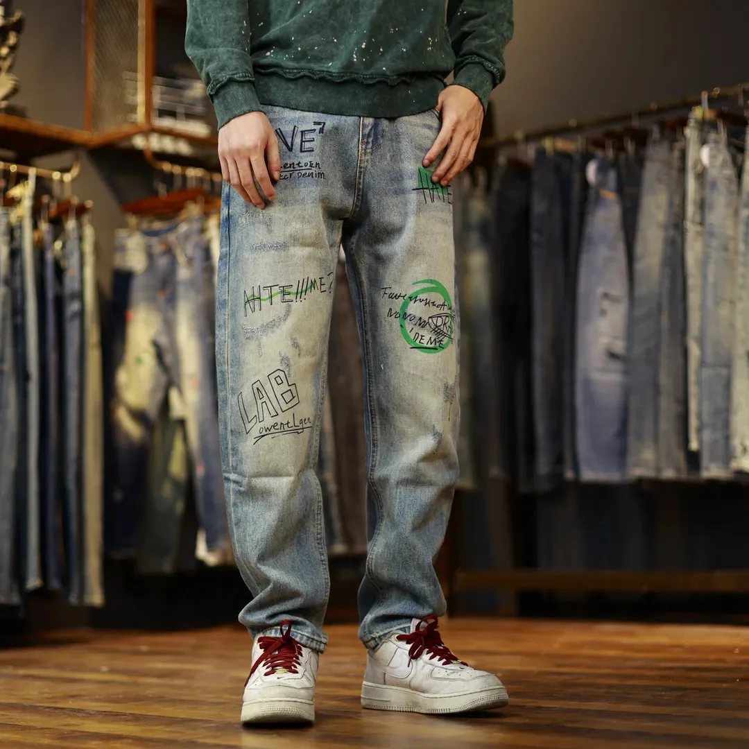 

American High Street Summer Fake Hole Patch Loose Men's Jeans Straight Leg Slimming Long Pants Versatile Casual Trendy