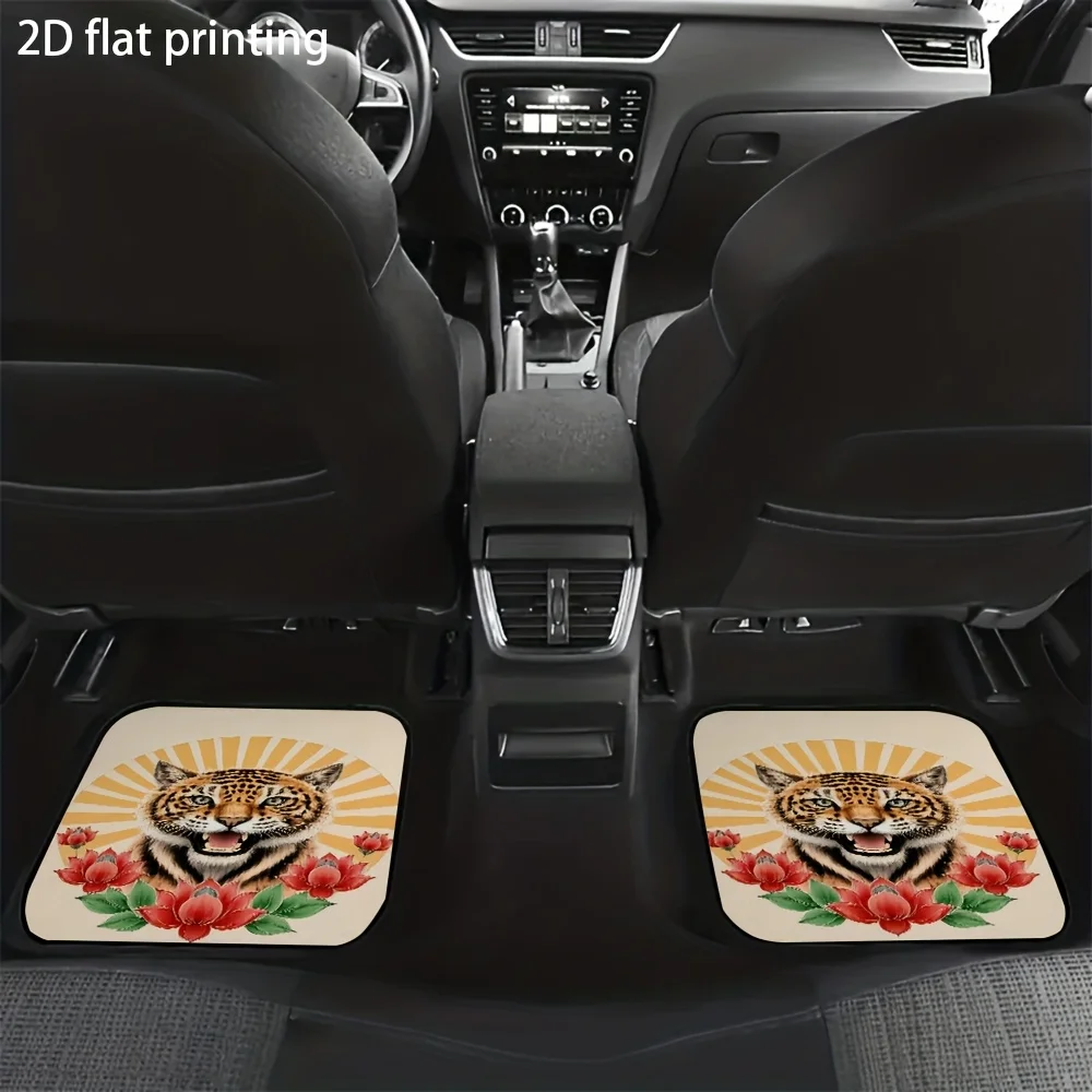 4pcs Car Floor Mats, Featuring A Tiger Head And For Lotus Pattern, Universal Car Mats, Made Of Polyester Fiber, Automotive Inter