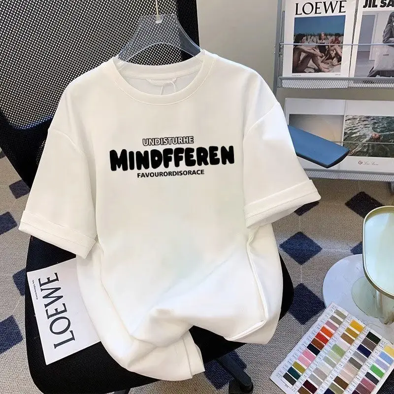 

\ Summer Loose and Simple Letter Cotton Printed Short-sleeved T-shirt Men's and Women's American Letter Half-sleeved Top Ins