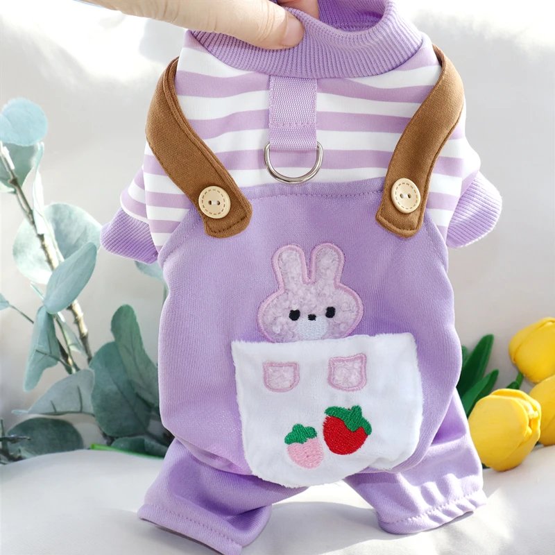 

Purple Strawberry Rabbit Puppy Clothes Winter Pet Warm Carrier Pants Yorkshire Cartoon Clothes Leashable Four Legs Dog Clothes