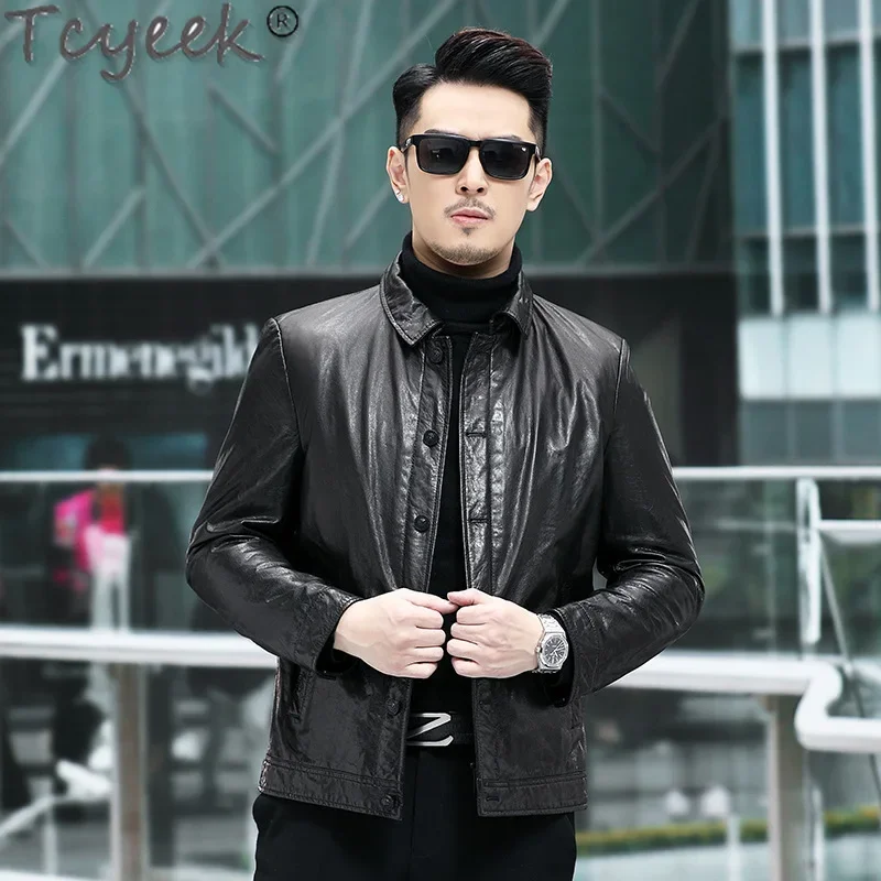 Tcyeek Genuine Leather Down Jacket Men Motocycle Jackets Oil Wax Cowhide Coat Man Slim Fit Autumn Winter Clothes Jaqueta Couro