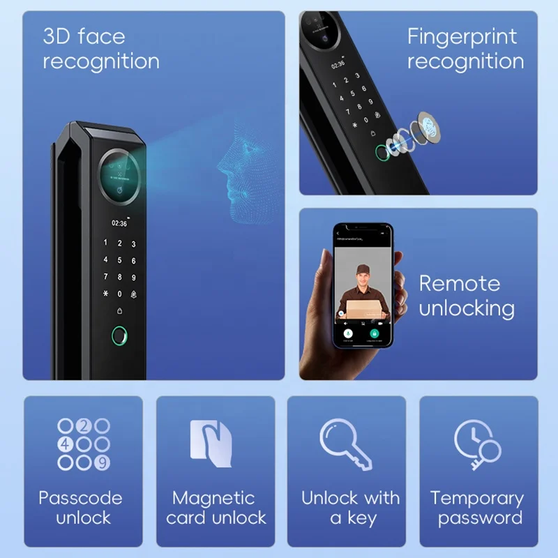 004 Factory Price Aluminum Smartphone Smart Locks Tuya Camera Digital Fingerprint Lock Smart Door Lock Wifi With 3D Face Recogni